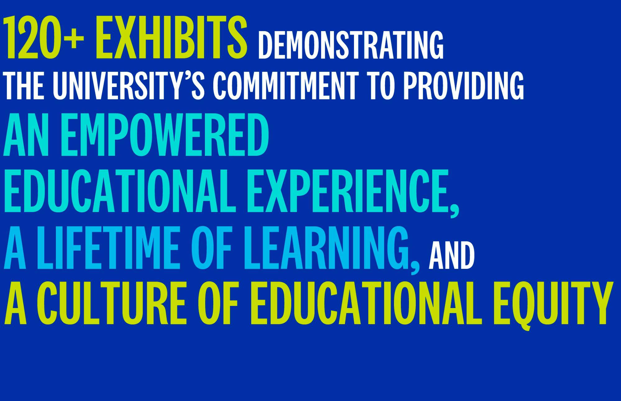 120+ exhibits demonstrating the university's commitment to providing an empowered educational experience, a lifetime of learning, and a culture of educational equity